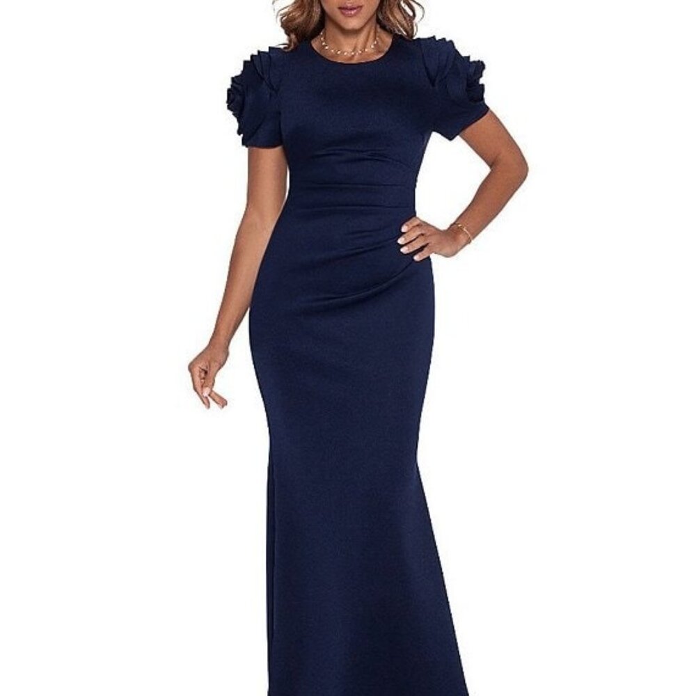 Xscape Rosette Short Sleeved Ruched Back Sheath Gown in Midnight